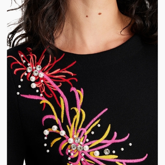 Black Embellished Crewneck Shift Dress with Pink & Yellow Floral Accents - Picture 3 of 5